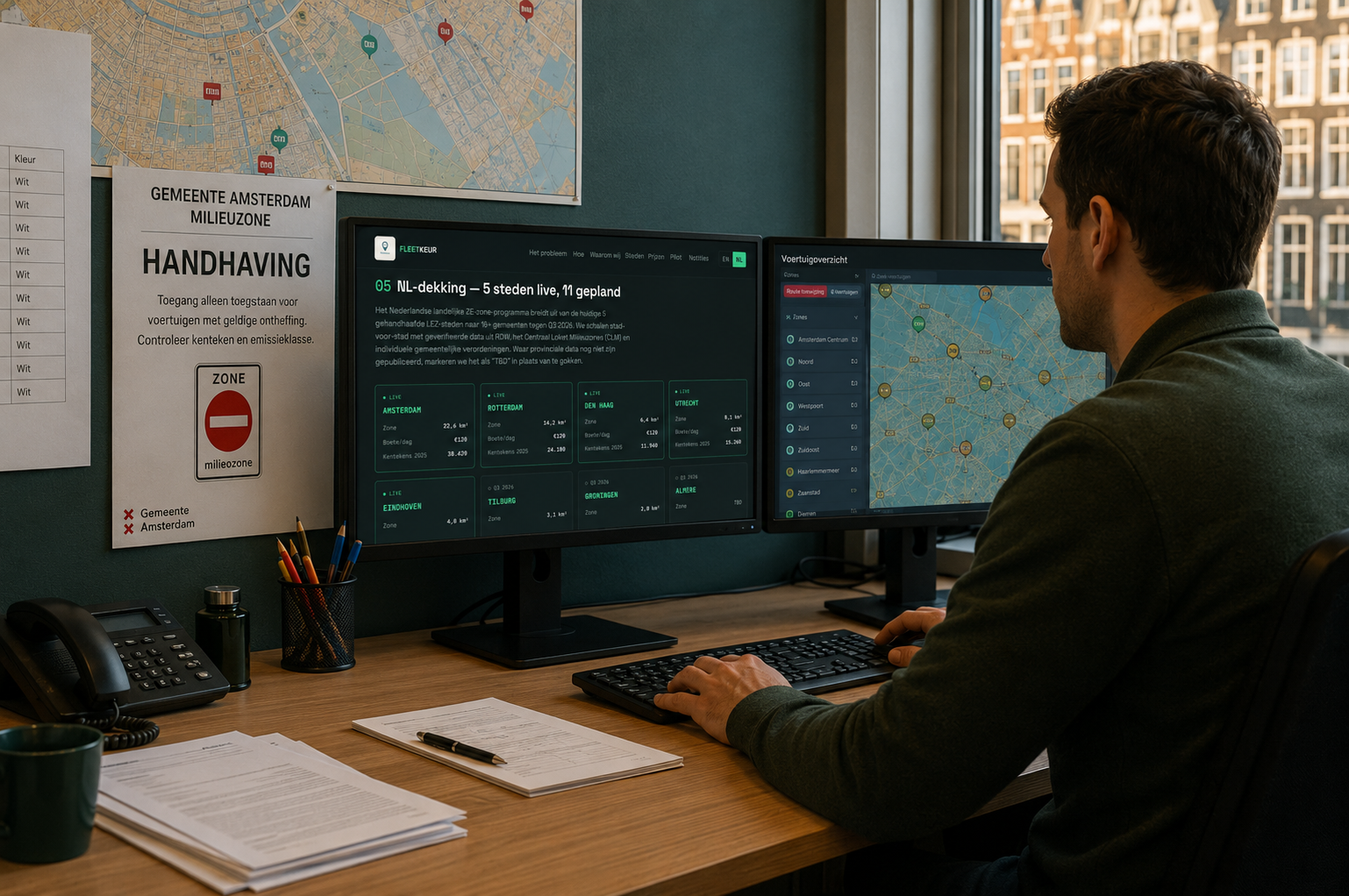 Fleetkeur dispatcher console -- Amsterdam ops desk, dual monitors showing live LEZ-zone dashboard, GEMEENTE AMSTERDAM MILIEUZONE handhaving notice on wall, canal-grid map pinned above